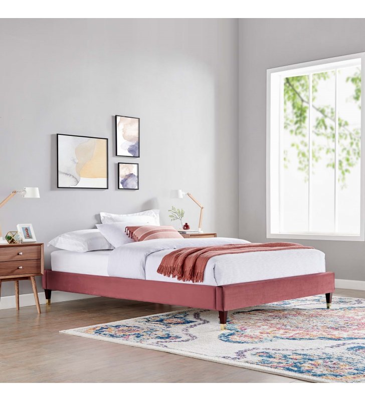 Harlow Queen Performance Velvet Platform Bed Frame in Dusty Rose - Lexmod
