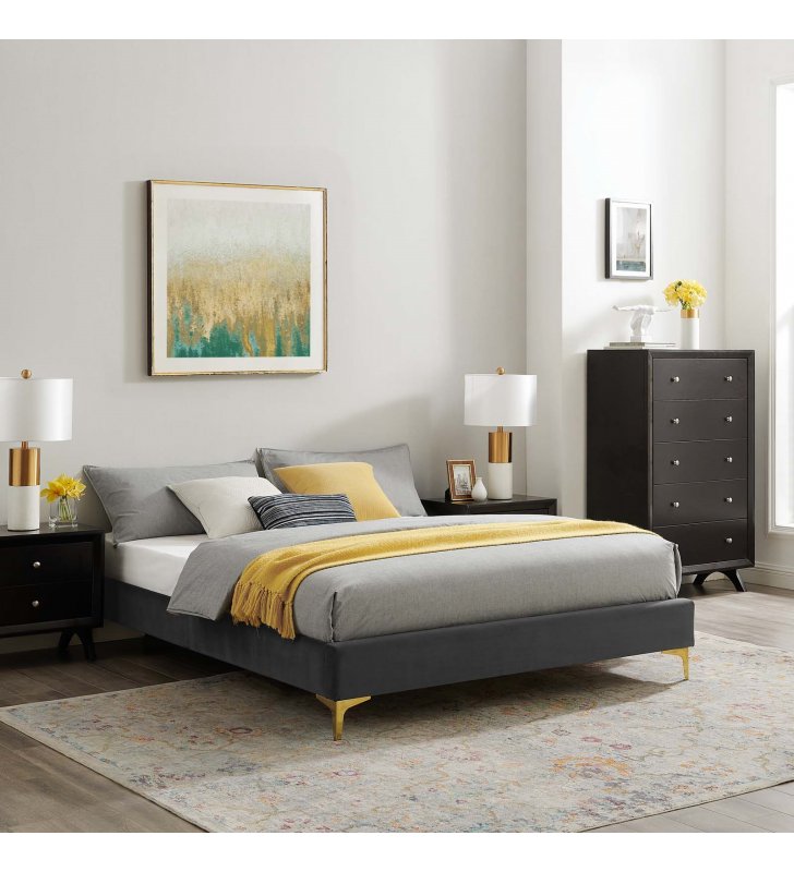 Sutton Queen Performance Velvet Bed Frame in Charcoal - Lexmod