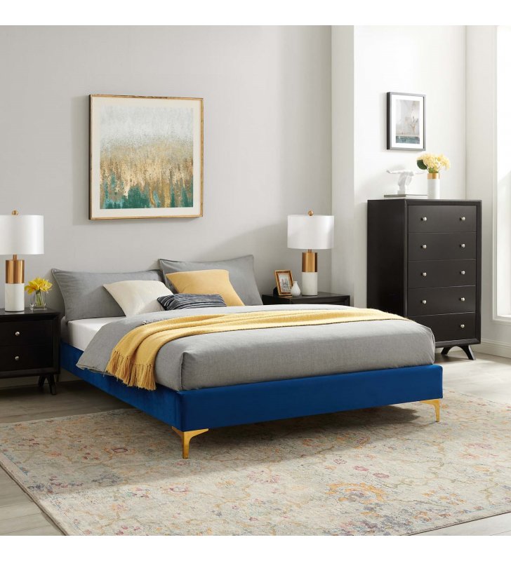 Sutton Queen Performance Velvet Bed Frame in Navy - Lexmod