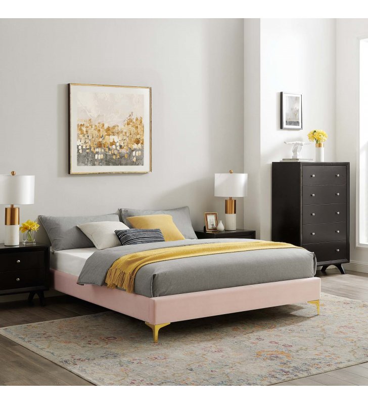 Sutton Queen Performance Velvet Bed Frame in Pink - Lexmod