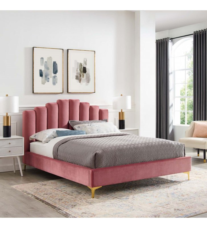 Olivia Queen Performance Velvet Platform Bed in Dusty Rose - Lexmod