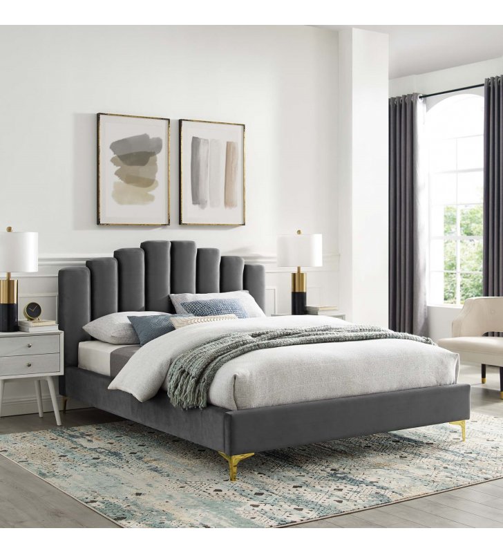 Olivia Queen Performance Velvet Platform Bed in Gray - Lexmod