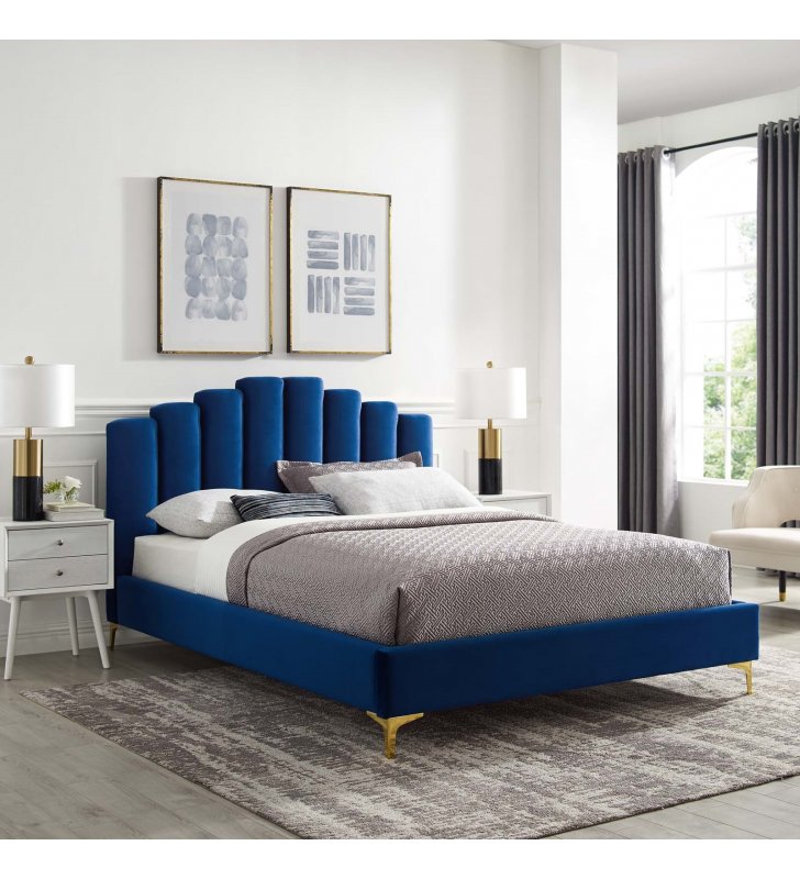 Olivia Queen Performance Velvet Platform Bed in Navy - Lexmod