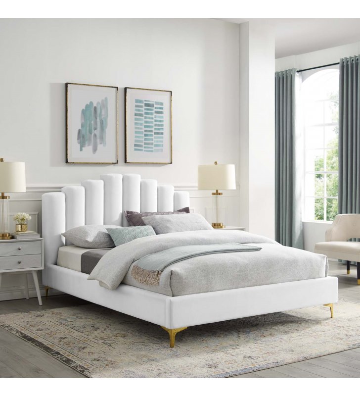 Olivia Queen Performance Velvet Platform Bed in White - Lexmod