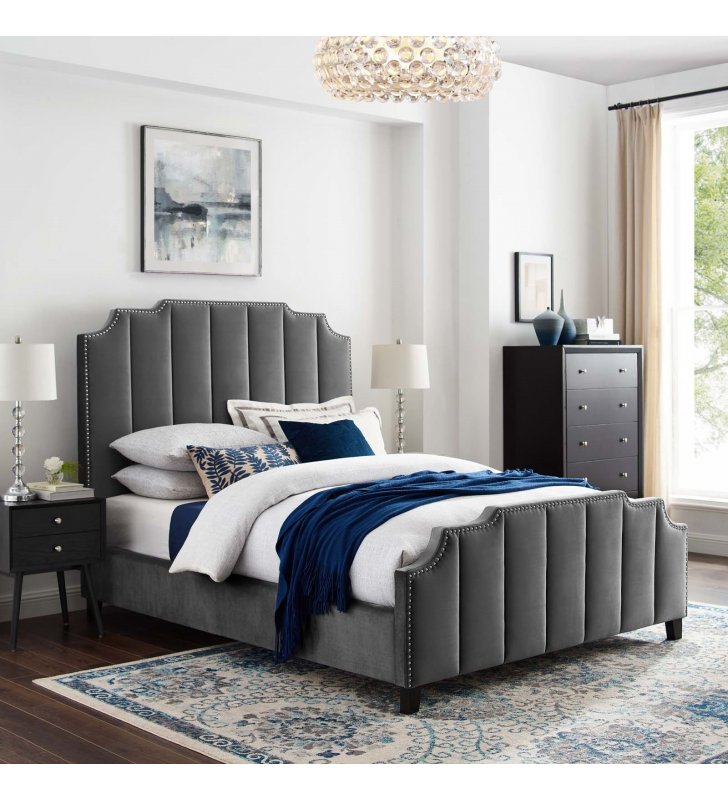 Lucille Queen Performance Velvet Platform Bed in Gray - Lexmod