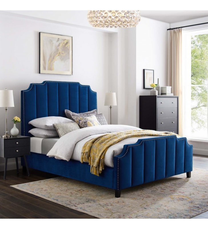 Lucille Queen Performance Velvet Platform Bed in Navy - Lexmod