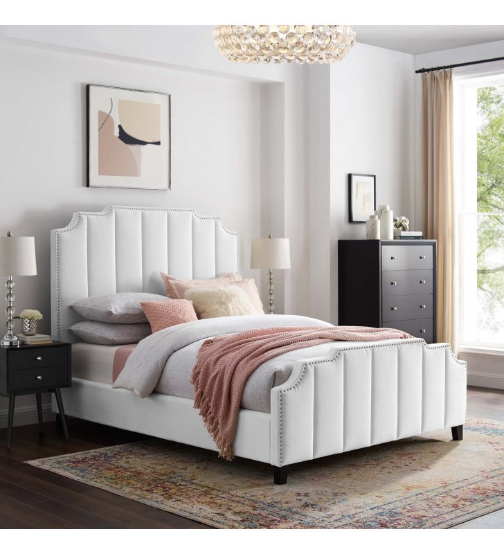 Lucille Queen Performance Velvet Platform Bed in White - Lexmod