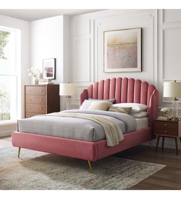 Lana Queen Performance Velvet Wingback Platform Bed in Dusty Rose - Lexmod