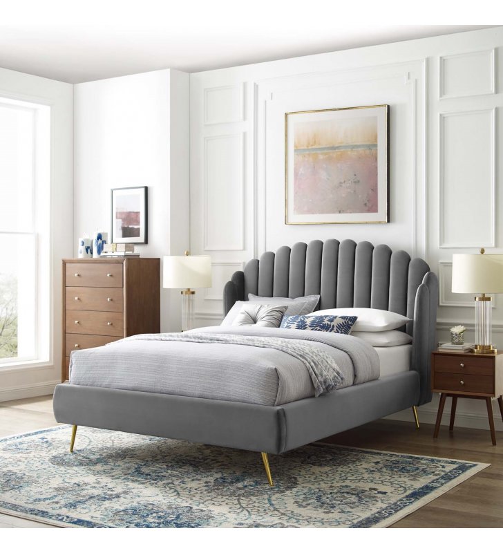 Lana Queen Performance Velvet Wingback Platform Bed in Gray - Lexmod