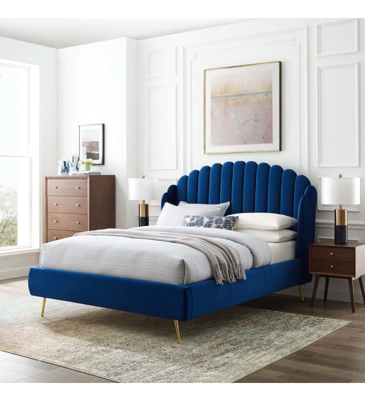 Lana Queen Performance Velvet Wingback Platform Bed in Navy - Lexmod
