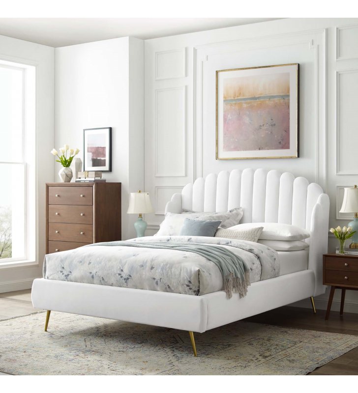 Lana Queen Performance Velvet Wingback Platform Bed in White - Lexmod