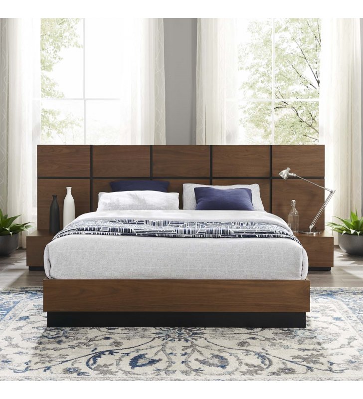 Caima 3 Piece Queen Bedroom Set in Walnut - Lexmod