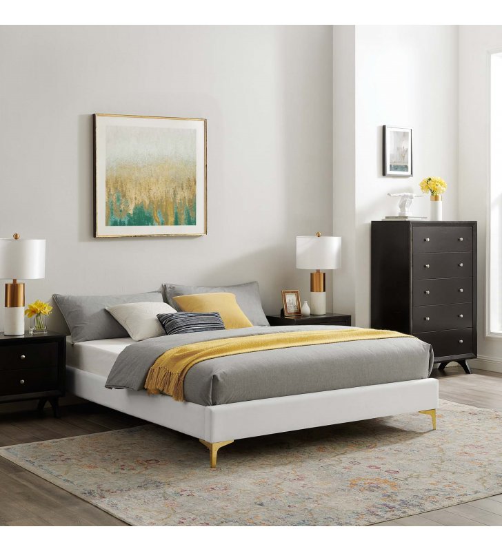 Sutton Full Performance Velvet Bed Frame in White - Lexmod