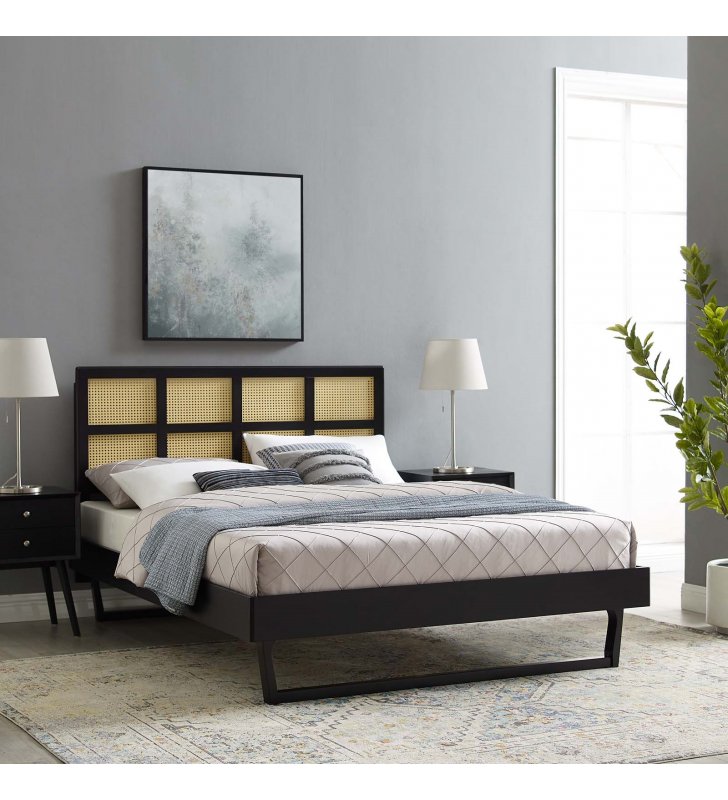 Sidney Cane and Wood Queen Platform Bed With Angular Legs in Black - Lexmod