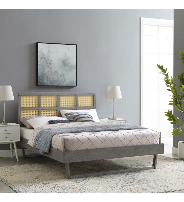 Sidney Cane and Wood Queen Platform Bed With Angular Legs in Gray - Lexmod