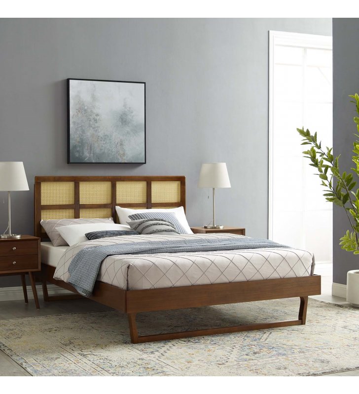 Sidney Cane and Wood Queen Platform Bed With Angular Legs in Walnut - Lexmod