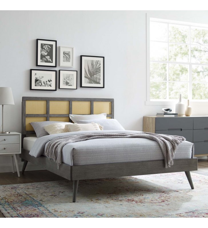 Sidney Cane and Wood Queen Platform Bed With Splayed Legs in Gray - Lexmod