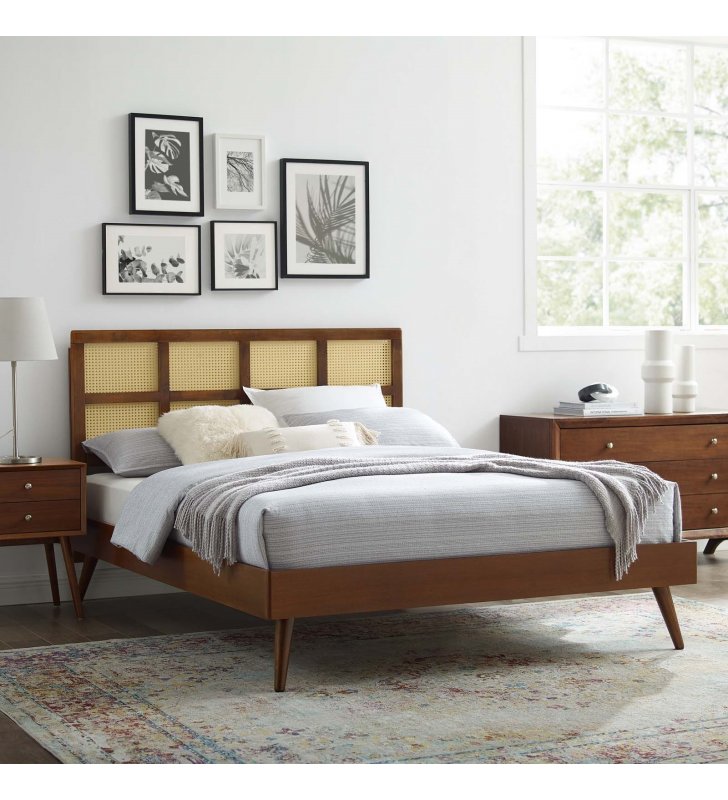 Sidney Cane and Wood Queen Platform Bed With Splayed Legs in Walnut - Lexmod