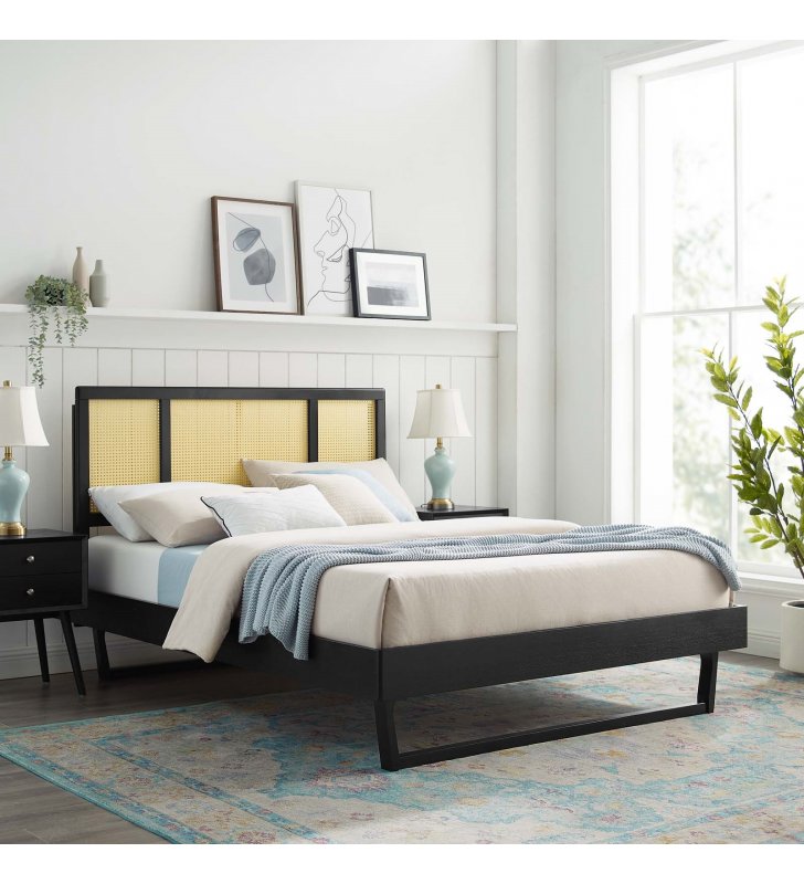 Kelsea Cane and Wood Queen Platform Bed With Angular Legs in Black - Lexmod