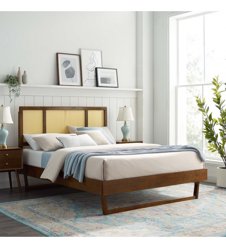 Kelsea Cane and Wood Queen Platform Bed With Angular Legs in Walnut - Lexmod