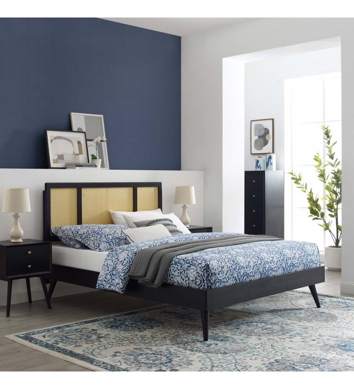 Kelsea Cane and Wood Queen Platform Bed With Splayed Legs in Black - Lexmod