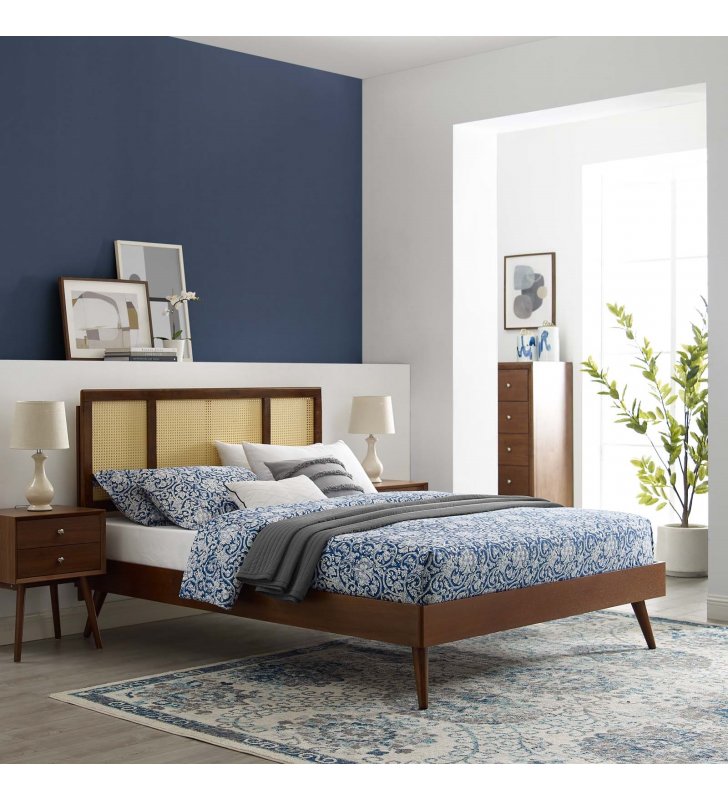 Kelsea Cane and Wood Queen Platform Bed With Splayed Legs in Walnut - Lexmod