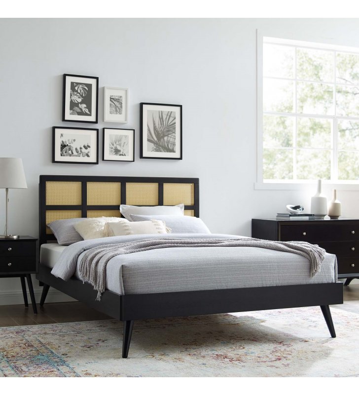 Sidney Cane and Wood Full Platform Bed With Splayed Legs in Black - Lexmod