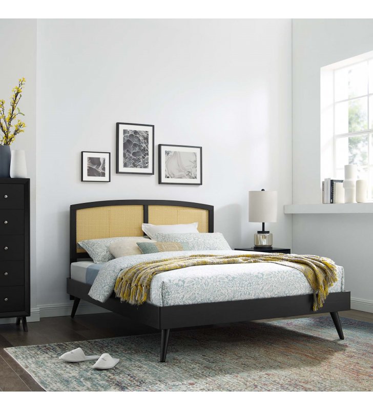 Sierra Cane and Wood Queen Platform Bed With Splayed Legs in Black - Lexmod