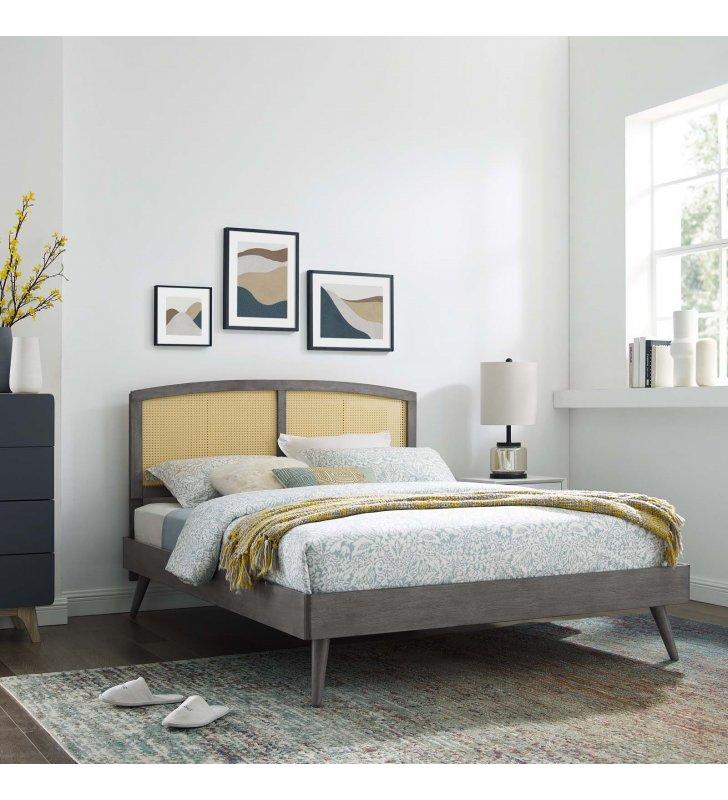 Sierra Cane and Wood Queen Platform Bed With Splayed Legs in Gray - Lexmod
