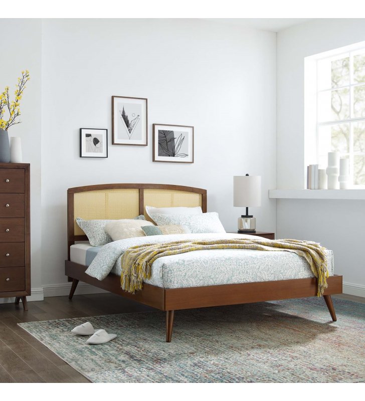 Sierra Cane and Wood Queen Platform Bed With Splayed Legs in Walnut - Lexmod