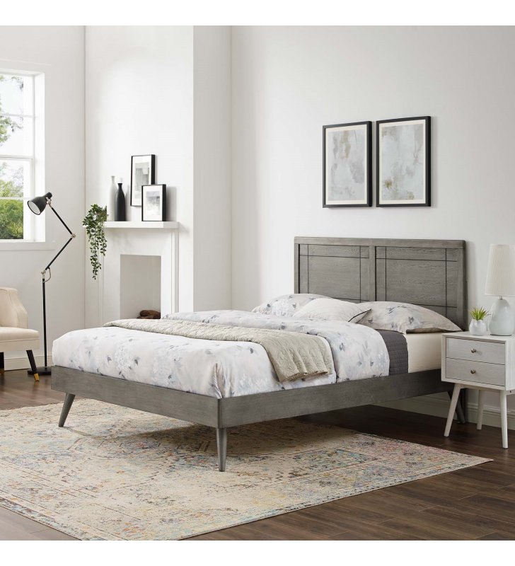 Marlee Queen Wood Platform Bed With Splayed Legs in Gray - Lexmod