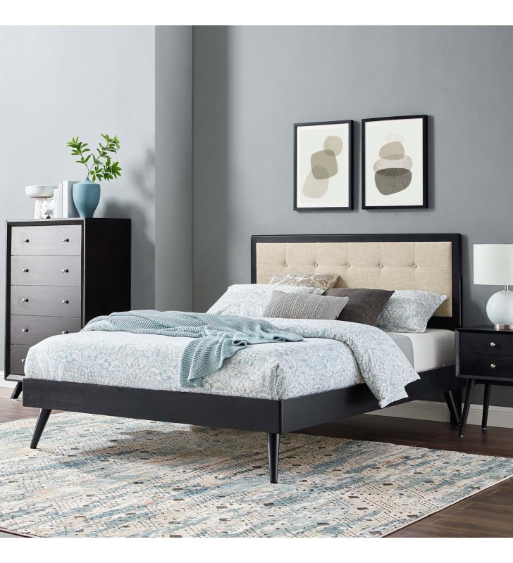Willow Queen Wood Platform Bed With Splayed Legs in Black Beige - Lexmod