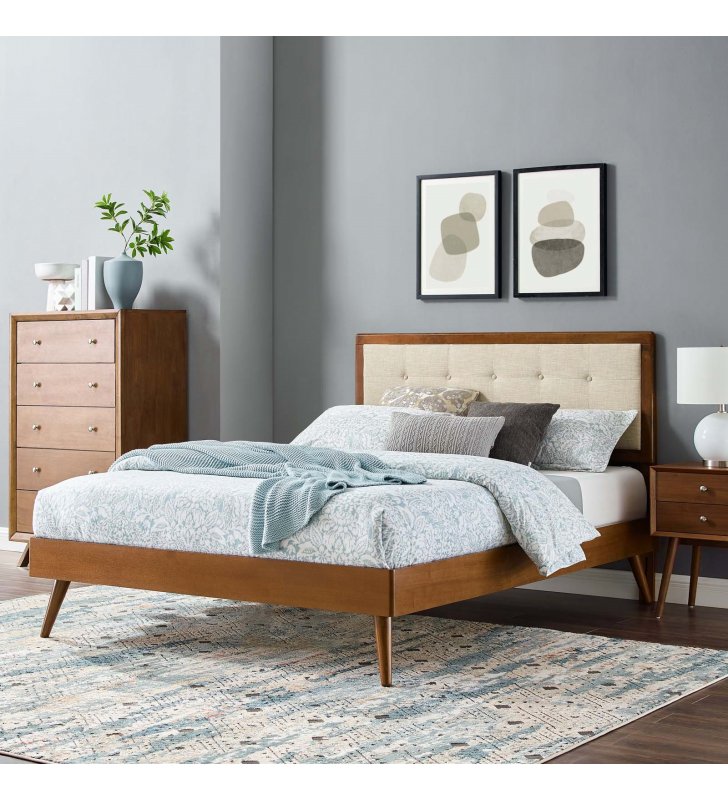 Willow Queen Wood Platform Bed With Splayed Legs in Walnut Beige - Lexmod