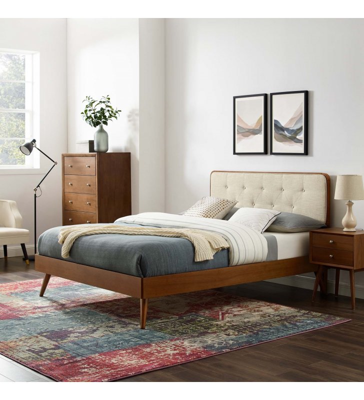 Bridgette Queen Wood Platform Bed With Splayed Legs in Walnut Beige - Lexmod