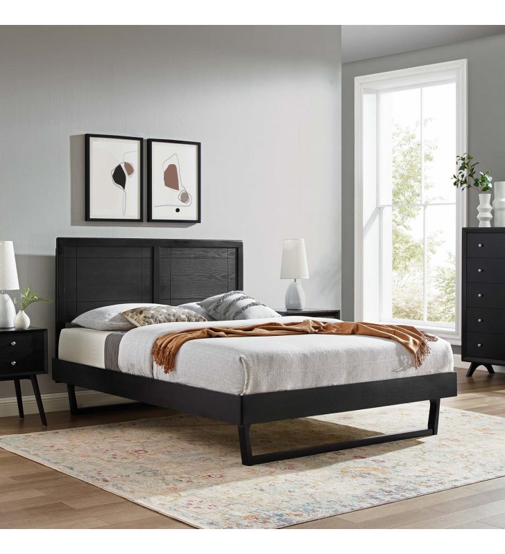 Marlee King Wood Platform Bed With Angular Frame in Black - Lexmod