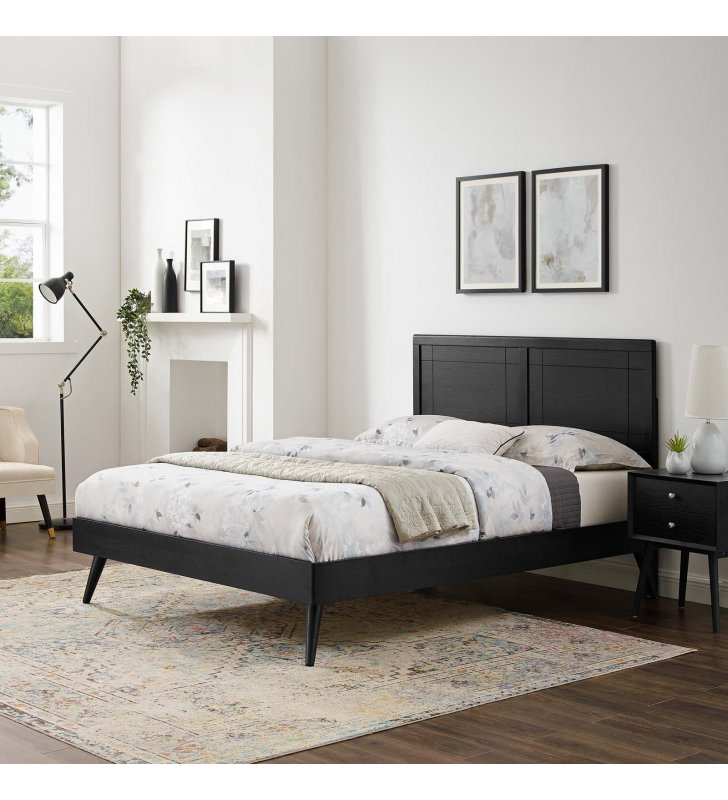 Marlee King Wood Platform Bed With Splayed Legs in Black - Lexmod