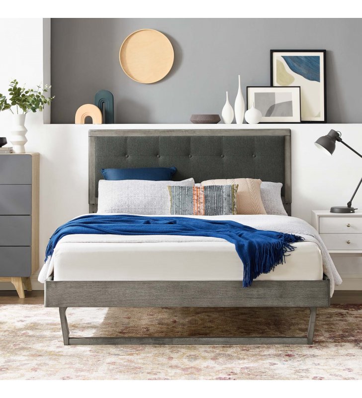 Willow King Wood Platform Bed With Angular Frame in Gray Charcoal - Lexmod