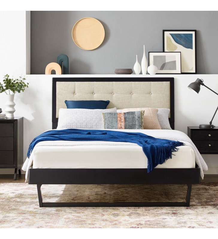Willow Twin Wood Platform Bed With Angular Frame in Black Beige - Lexmod