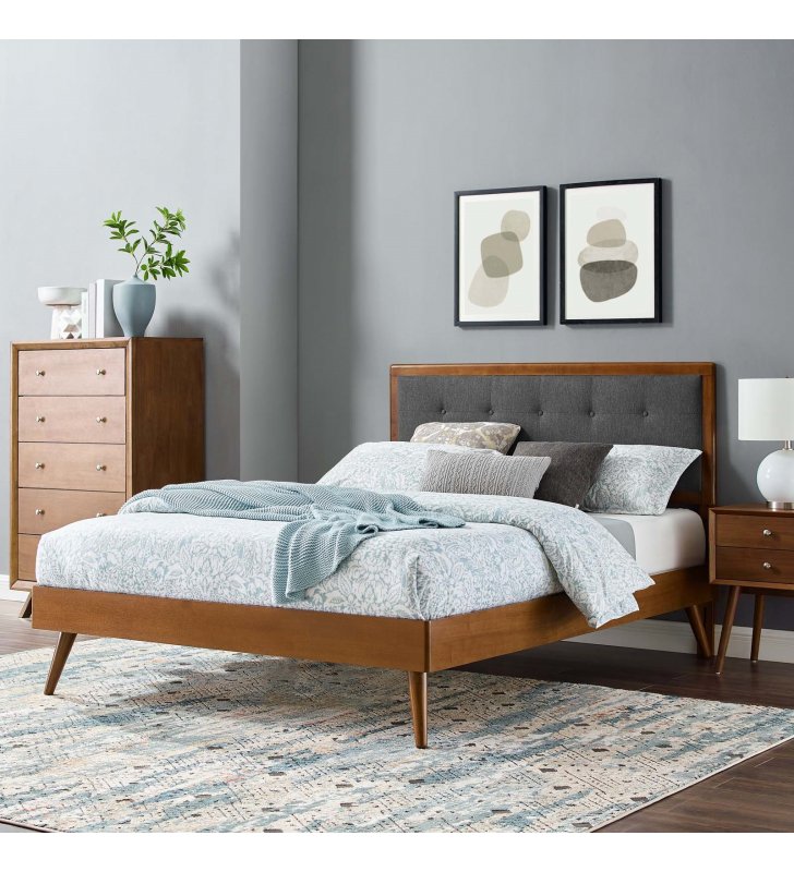 Willow Full Wood Platform Bed With Splayed Legs in Walnut Charcoal - Lexmod