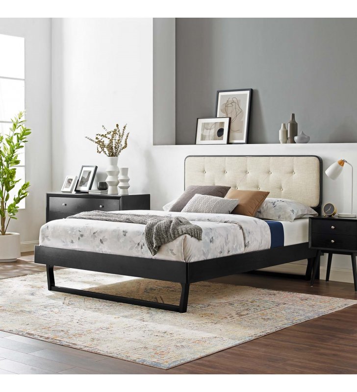 Bridgette Full Wood Platform Bed With Angular Frame in Black Beige - Lexmod
