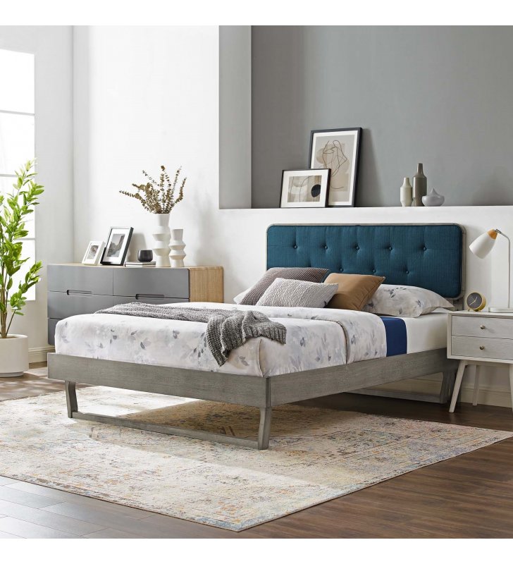 Bridgette Full Wood Platform Bed With Angular Frame in Gray Azure - Lexmod