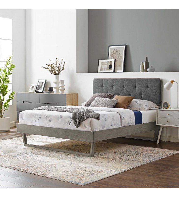 Bridgette Full Wood Platform Bed With Angular Frame in Gray Charcoal - Lexmod