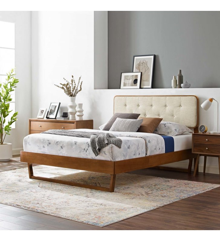Bridgette King Wood Platform Bed With Angular Frame in Walnut Beige - Lexmod