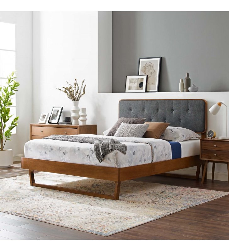 Bridgette Twin Wood Platform Bed With Angular Frame in Walnut Charcoal - Lexmod