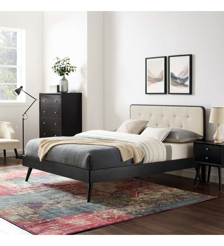 Bridgette Full Wood Platform Bed With Splayed Legs in Black Beige - Lexmod