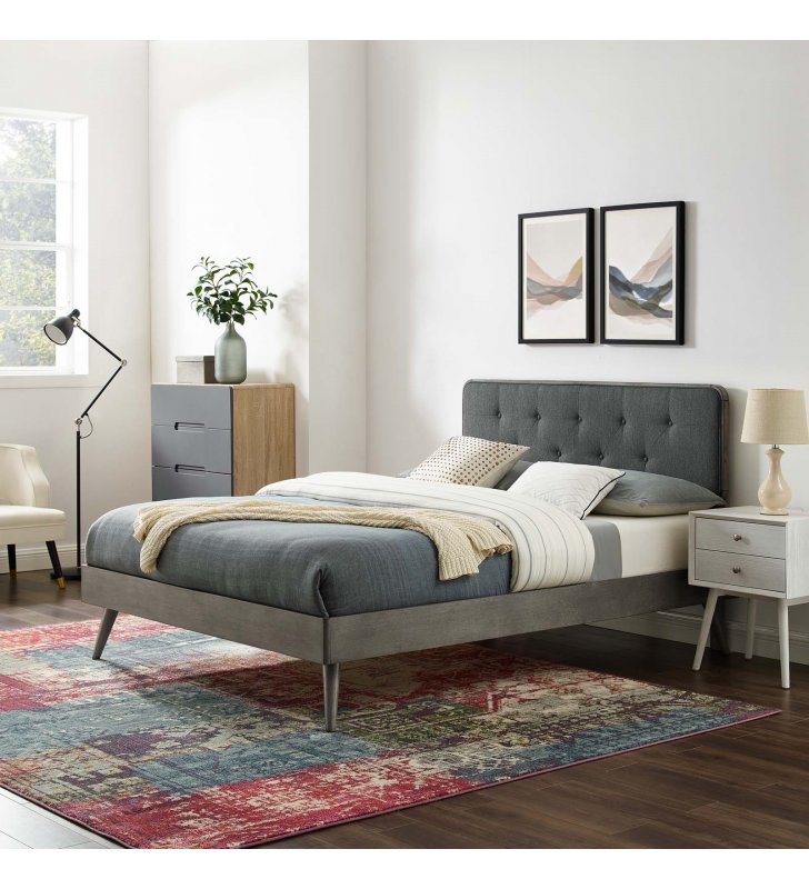 Bridgette Full Wood Platform Bed With Splayed Legs in Gray Charcoal - Lexmod