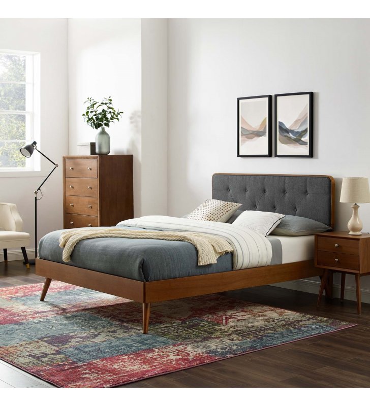 Bridgette Full Wood Platform Bed With Splayed Legs in Walnut Charcoal - Lexmod