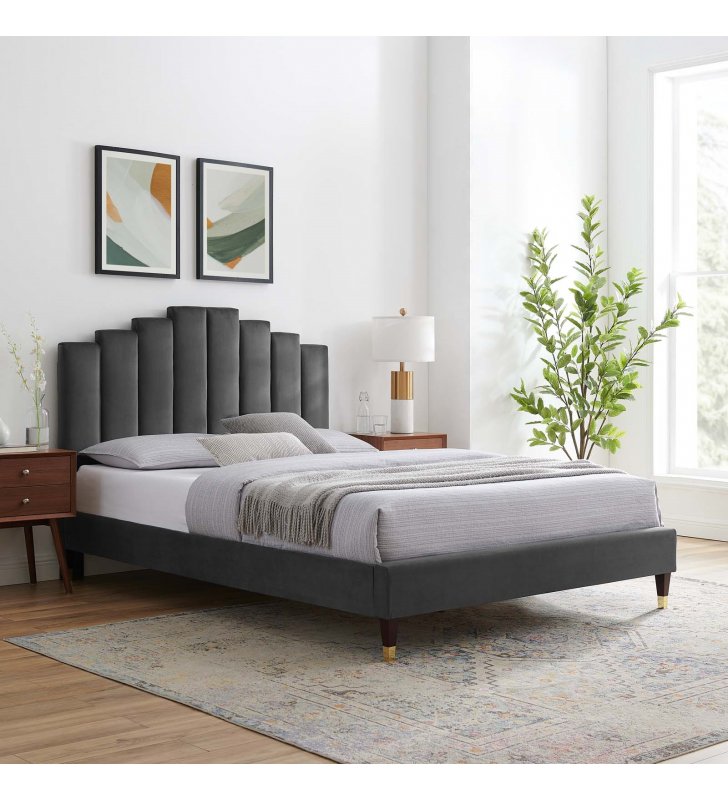 Elise Queen Performance Velvet Platform Bed in Charcoal - Lexmod