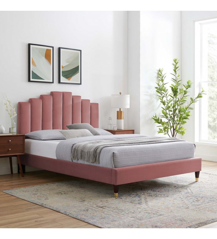 Elise Queen Performance Velvet Platform Bed in Dusty Rose - Lexmod