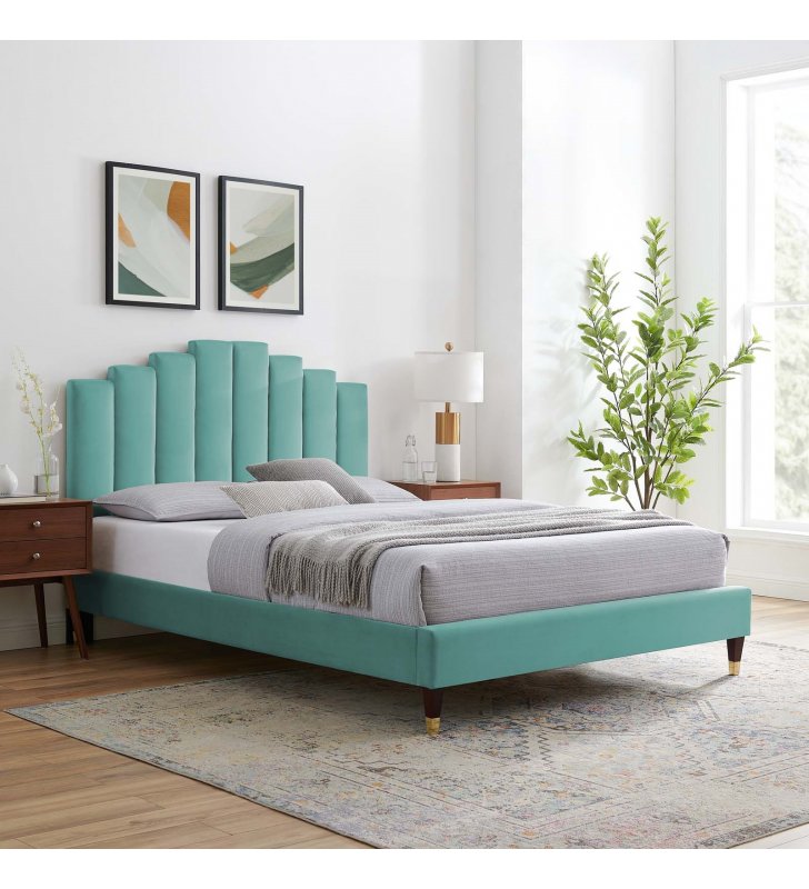 Elise Queen Performance Velvet Platform Bed in Mint - Lexmod
